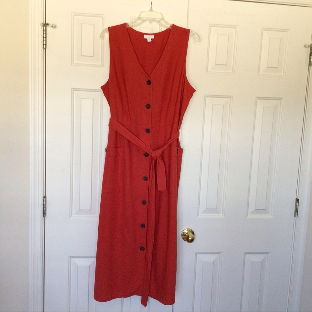 J.Jill NWT Linen Blend V-Neck Pomegranate Red Button Front Dress with Pockets